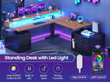 SEDETA Farmhouse L Shaped Standing Desk, 71" x 73" Height Adjustable Home Office Executive Desk with Drawers, Power Outlet, Monitor Stand, Sit Stand Table with Led Lights for Home Office, Black SEDETA