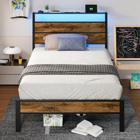 Liians Twin Bed Frame with Storage Headboard USB Charging Station, Smart LED Lights, Metal Platform Bed Easy Assembly, No Box Spring Needed Liians