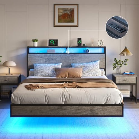 LUXOAK Queen Floating Bed Frame with Smart LED Lights & Charging Station in Grey LUXOAK