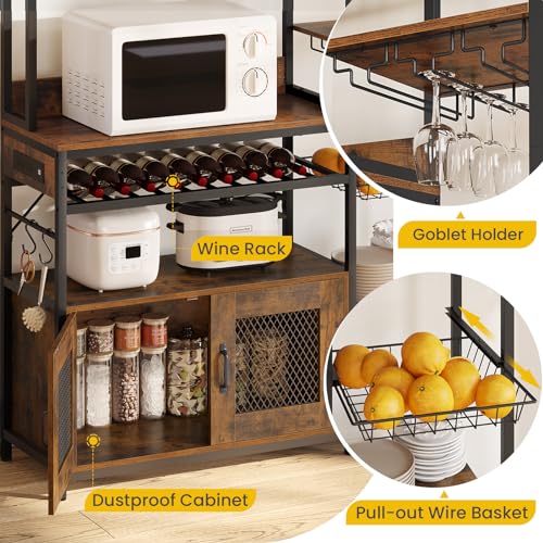 UPOSOJA Rustic Brown Bakers Rack with Power Outlet and Multifunctional Storage Solutions UPOSOJA