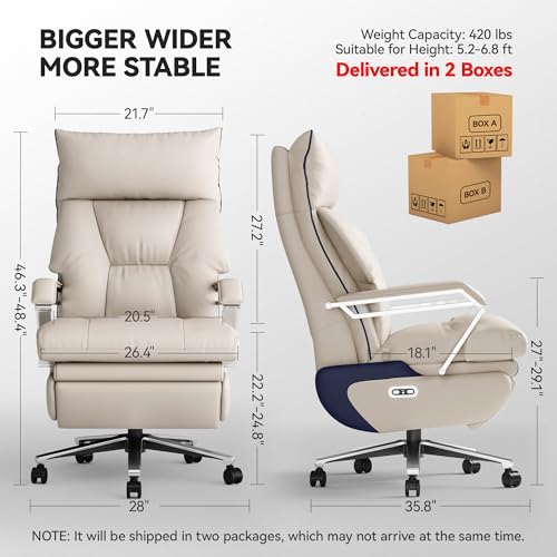 OKUP M80A Dual Motor Electric Executive Office Chair with Footrest, Comfortable Reclining Office Chair Wide Seat, Big and Tall Ergonomic Leather Home Office Desk Chair (Beige,No Massage) OKUP