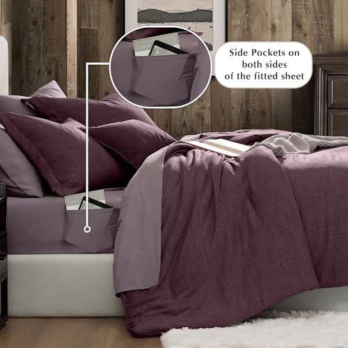 Geniospin Purple Queen Comforter Set - 7 Pieces Egglant Comforter Queen Size, Solid Bedding Set for All Season, Textured Bed in a Bag with Sheets Geniospin