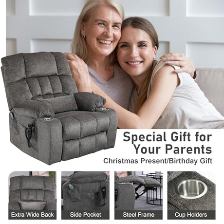 RHHVVR Oversized Power Recliner Chair for Big and Tall 400 LBS, 25.5" Extra Wide Electric Lift Chair with Heat and Massage, Dual Motor 180° Lay Flat Recliner Living Room Sofa, Chenille Big Lift Chair RHHVVR