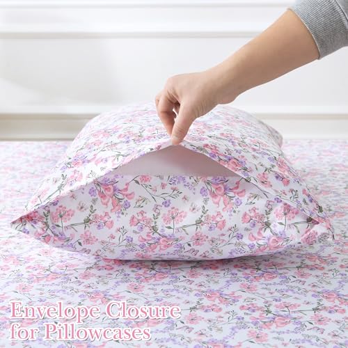 Mooreeke Cozy Vintage Microfiber Printed Queen Sheet Set - Soft Breathable Percale Cotton Floral Bed Sheets with Deep Pocket - Non-Slip Fitted Design - Pink Purple Flowers Pattern Mooreeke