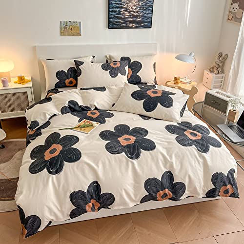 BlueBlue Flower Kids Duvet Cover Set, 100% Cotton Bedding for Boys Girls Teens Single Bed, Cartoon Cute Black Flower Floral Pattern Print on Cream White, 1 Comforter Cover 2 Pillowcase (Twin) BlueBlue