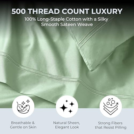 Mayil Manor 100% Natural Cotton Sheets Queen Size Bed Set | 500 TC Single-Ply Sateen Weave | Soft, Breathable, Hypoallergenic Solid 4-Piece Bedding with Deep Pocket Fitted, Flat, Pillowcase | Sage Mayil Manor