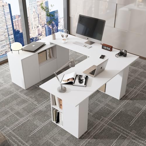 TAMUNE U-Shaped Electric Standing Desk with Drawer and Doors, Adjustable Sit Stand Desk with Open Shelves, for Home Office White 63" D x 72.4" W x 28.1"-46.6" H TAMUNE