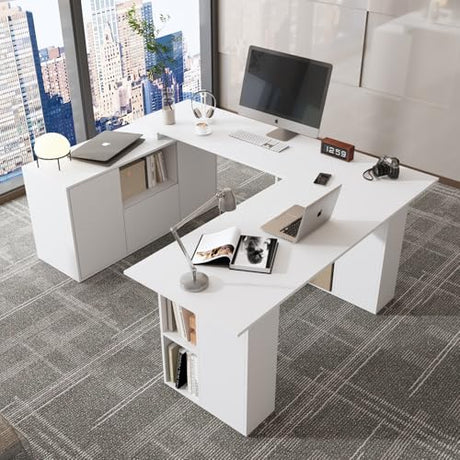 TAMUNE U-Shaped Electric Standing Desk with Drawer and Doors, Adjustable Sit Stand Desk with Open Shelves, for Home Office White 63" D x 72.4" W x 28.1"-46.6" H TAMUNE