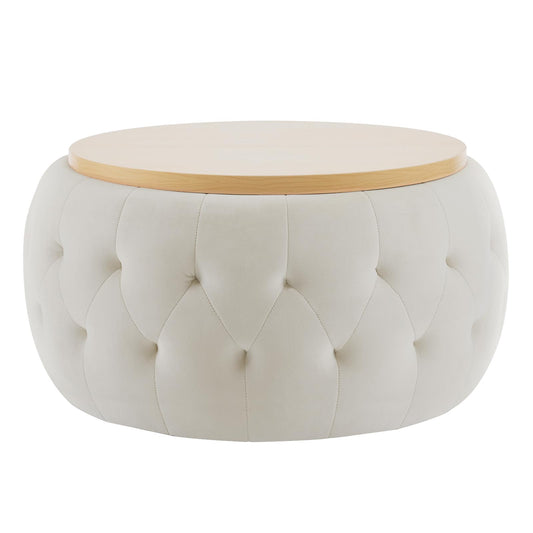 IWMH Round Storage Ottoman Coffee Table, Velvet Large Ottoman with Wooden Lid, Tufted Footstool Bench Circle for Living Room Bedroom (Beige)