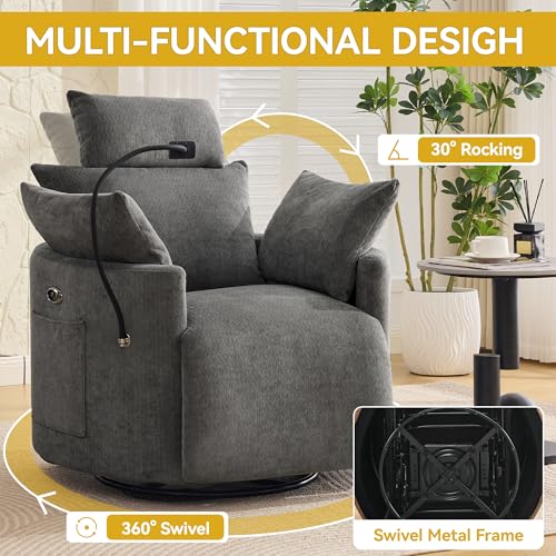 Power Recliner Chairs, 360° Swivel Rocking Chair Nursery with USB/Type-C & Phone Holder, Gilder Reclining Chair with Side Pocket for Adults, Barrel Recliners for Living Room, Chenille Dark Grey