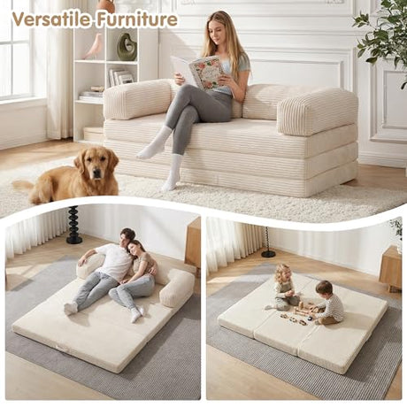 5-in-1 Convertible Sofa Bed,54" Boneless Couch Tri Folding Floor Mattress with Removable L-Shaped Armrests & Handle,Corduroy Futon Couch Sleeper with Pull Out Bed for Living Room Bedroom Apartment feliz home