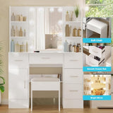 Teousev Vanity Desk with Mirror,Make up Vanity with 1 Stool 6 Drawers 6 Shelves & LED Mirror,3 Modes Light Adjustable,Vanity Desk for Bedroom,White,39.5" L*15.8" W*55.2" H. Teousev