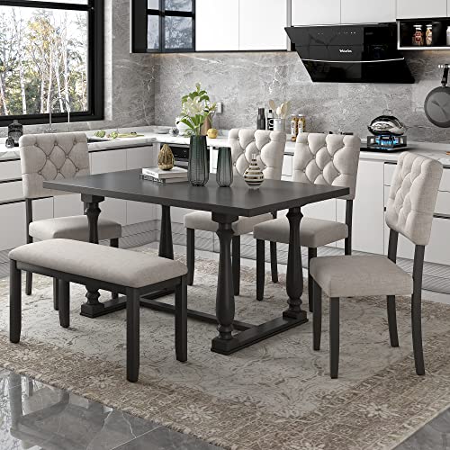Merax 6 Piece Kitchen Dining Table Set, Wooden Rectangular Dining Table with Upholstered Bench and 4 Chairs, Dining Room Table Set for 6 People, Living Room Furniture (Gray, Beige Cushions) Merax