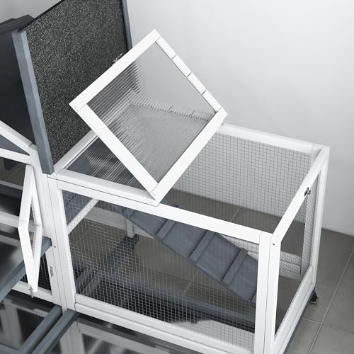 PawHut 65" Wooden Rabbit Hutch, Guinea Pig Hutch, Pet Playpen with Openable Roof, Bunny House Enclosure with Wheels, Storage Box, Slide-Out Tray, Ramp for Small Animals, Gray PawHut