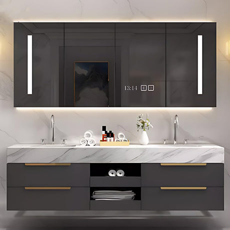 Kadaligh 60IN Modern Double Sink Bathroom Vanity - Floating Bathroom Vanity Cabinet Include 2 Sink Designs & Dressing Mirror Cabinet with LED | 4 Large Drawers & Golden Handles, Grey Kadaligh