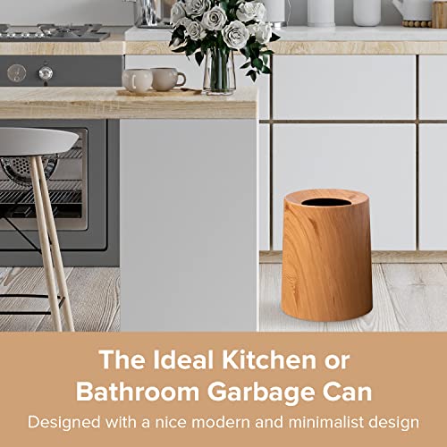 Anti Spill Wood Style Waste Basket - Kids and Pet Proof Garbage Container - Open Top Indoor Outdoor Trash Can - 12L/3.2Gal Capacity - Patio Garbage Can - Round Sleek Garbage Bin - 10inx10inx12in Trashaholic