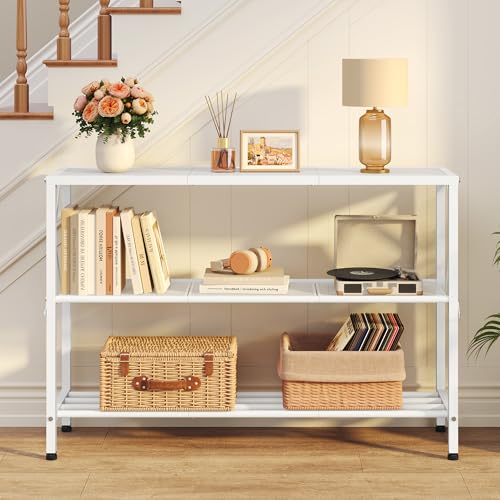 Hoctieon White Industrial Console Table, 3 Tier Entryway Tables, Hallway Desk, Narrow Sofa Tables with Shelves, Entrance Table for Entryway, Living Room, Foyer, Hallway, Office, White Hoctieon