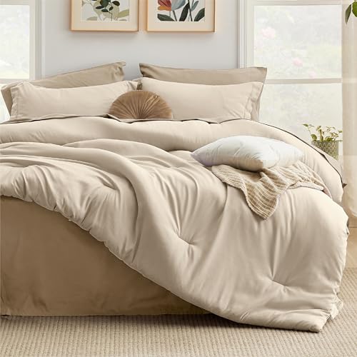 Bedsure King Size Comforter Set - 7 Pieces Light Beige King Bedding Set for All Seasons, Boho Contrasting Design Bed in a Bag with Comforter, Sheets, Pillowcases & Shams Bedsure