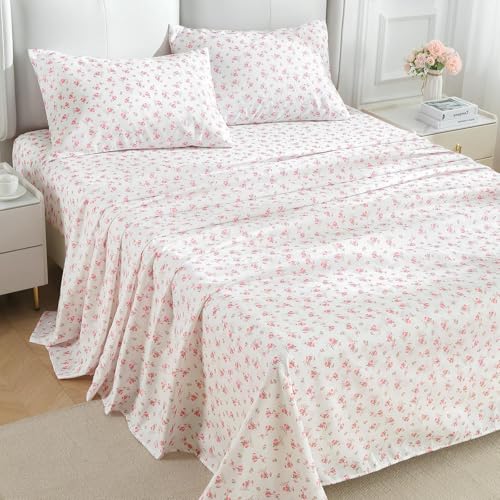 MUXHOMO Queen Size 4 Piece Sheet Set, Soft Breathable Bed Sheet Set for Bedroom with Deep Pocket Up to 16", Wrinkle-Free & Cooling Bedding for Oeko-TEX Certified - Blossoms Pink MUXHOMO
