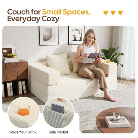 COMAX Futon Sofa Bed, 4‑in‑1 Convertible Sofa Bed, Folding Boneless Couches for Living Room, Fold Out Small Foldable Loveseat Floor Sleeper Comfy Mattress Lounge Space‑Saving, Beige COMAX