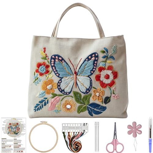 ARTopet Embroidery Tote Bag Kit for Beginners Butterfly Canvas Cross Stitch Handbag with Hoops Needles Threads Reusable Grocery Bag for Women-Butterfly03