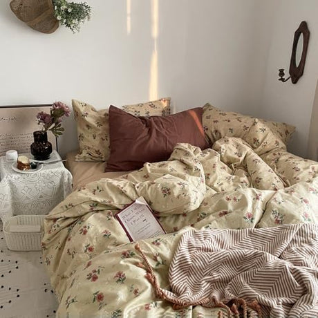 mixinni Vintage Floral Duvet Cover Twin XL Size - 3 Piece 100% Cotton Cottagecore Red Flowers & Green Leaves Bedding, Soft Botanical Comforter Cover & Pillowcases, Aesthetic Spring Bed Set for Girls mixinni