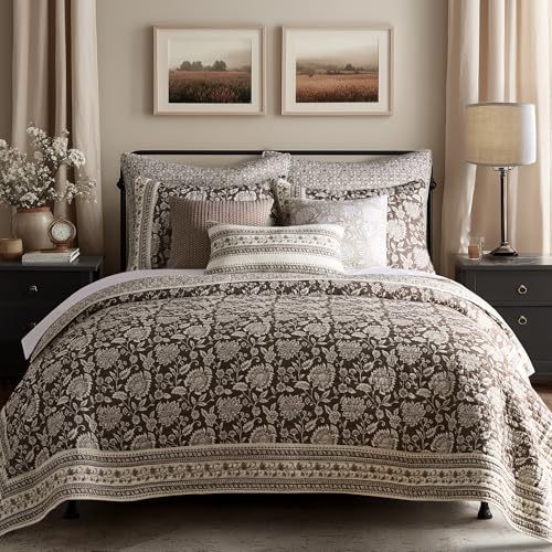 Levtex Home Adare Cocoa Reversible Twin/Twin XL Quilt Set (68x86in) with 1 Pillow Sham (26x20in) - Floral Bedding - Brown Cream - Cotton Twin Size Quilt Bedding Set - Lightweight, Soft, Pre-Washed Levtex Home