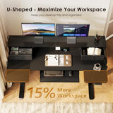 OffiGo U Shaped Electric Standing Desk with Drawers, 55 Inch Height Adjustable Desk with Keyboard Tray ＆ Ergonomic Monitor Stand, Sit Stand Table with Power Outlets for Home, Office, Black OffiGo