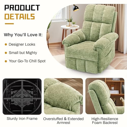 Korser Recliner Chair, Swivel Rocker Recliner Chair for Adults, Small Recliners for Small Spaces, Upholstered Manual Recliner with Side Pockets, Nursery Rocking Chair for Living Room, Chenille, Green