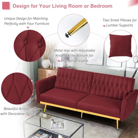 ACMEASE 70” Velvet Futon Sofa Bed with 2 Pillows and Adjustable Armrests, Convertible Sleeper Bed W/Adjustable Backrests, Modern Loveseat for Living Room, Bedroom, Red ACMEASE