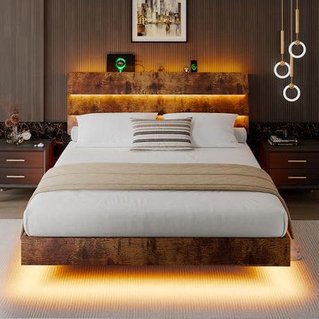 iPormis Floating Full Size Bed Frame with LED Lights & Charging Station, Platform Bed with Wooden Storage Headboard, Steel Slats Support, No Box Spring Needed, Easy Assembly, Noise-Free, Vintage Brown iPormis