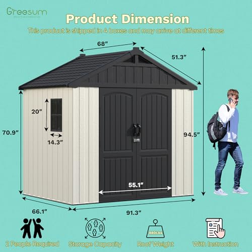 Greesum 8×6 FT Plastic Outdoor Storage Shed with Floor, Resin Sheds with Window and Lockable Door, Weather Resistant Organization for Garden, Lawn, Pool Supplies, Beige Greesum