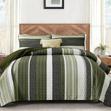 Quilt Set Queen Size Sage Green Striped Bedding Set 3 Piece Lightweight Bedspreads Coverlets Set Soft Microfiber Summer Striped Quilts With 2 Pillowcases All Season Patchwork Comforter Set 96"×90" Djoymock