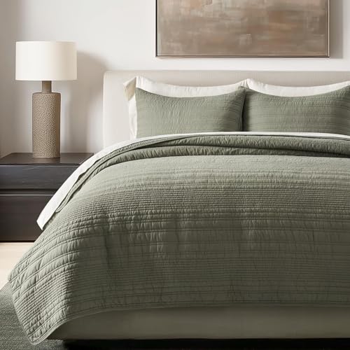 EVERGRACEHOME 100% Cotton Modern Lines Quilt Set Queen Size, Pre-Washed Soft Striped Coverlet Bedspread, 3 Piece Lightweight Bedding Set for All Season, with 2 Pillow Shams, Olive Green EVERGRACEHOME