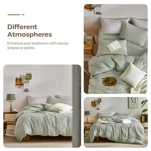 JELLYMONI 100% Natural Cotton 3pcs Striped Duvet Cover Sets,White Duvet Cover with Green Stripes Pattern Printed Comforter Cover,with Zipper Closure & Corner Ties(Full Size) JELLYMONI