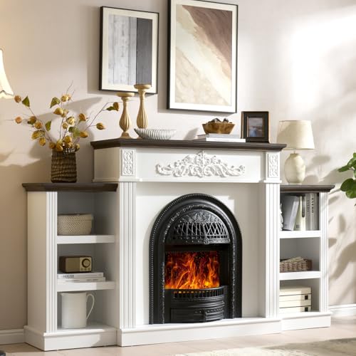 78" Birdcage-Style Electric Fireplace with Mantel, 46" Tall Fireplace TV Stand for 90" TV, Farmhouse Entertainment Center with Storage & Replaceable Insert Heater for Living Room, White+Walnut SOOWERY