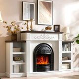 78" Birdcage-Style Electric Fireplace with Mantel, 46" Tall Fireplace TV Stand for 90" TV, Farmhouse Entertainment Center with Storage & Replaceable Insert Heater for Living Room, White+Walnut SOOWERY