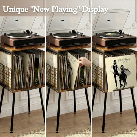 Faesun Record Player Stand with Storage Holds 100+ Vinyl Records, Industrial Turntable Stand with Storage Shelf, LP Album Organizer Cabinet for Small Spaces,Rustic End Table Faesun