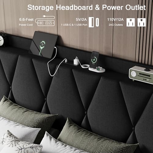 Einhomn Full Size Bed Frame with 4 Storage Drawers and Charging Station, Upholstered Platform Bed Frame with Storage Headboard, No Box Spring Needed, Easy Assembly, Black Einhomn
