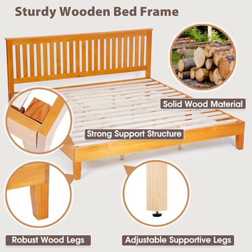 PayLessHere Solid Wood Platform Bed Frame with Headboard - King Size, Brown, No Box Spring Required - WoodArtSupply