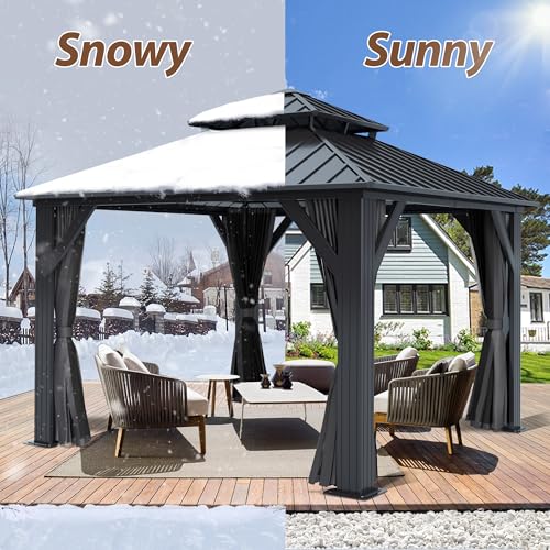 Raysfung 10 X 10ft Hardtop Gazebo, Galvanized Steel Double Roof Gazebo with Nettings and Curtain Outdoor Aluminum Frame Vertical Stripes Roof Permanent for Patio, Backyard, Lawns Raysfung