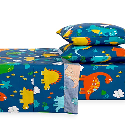 Wake In Cloud - Dinosaur Bed Sheets for Boys, 100% Cotton, 4-Piece Sheet Set Kids, Cute Colorful Cartoon Animal Leaf Tree Pattern Printed Bedding, Deep Pocket, Navy, Full Size Wake In Cloud