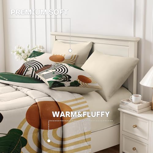 Nesker Comforter Set Queen Size, Modern Abstract Geometric Minimalist 7 Pcs Bedding for Kids and Adults, Green Boho Mid Century Bed Sheet Sets with Fitted Sheet 2 Pillowcases & 2 Shams Nesker