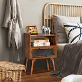 Lerliuo Rattan Nightstand, Boho Side Table with Drawer Open Shelf, Cane Accent Bedside End Table with Solid Wood Legs for Bedroom, Dorm and Small Spaces (Brown) Lerliuo