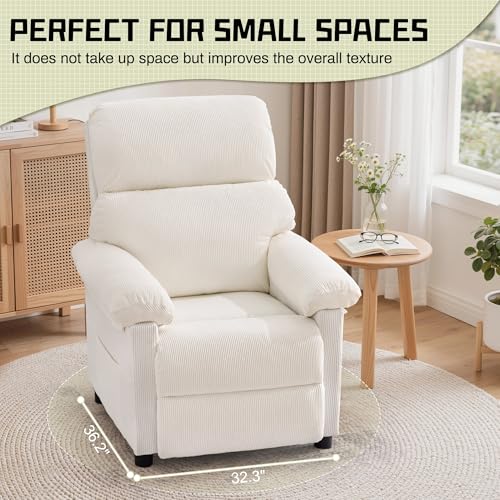 Korser Recliner Chair, Living Room Recliner Chairs for Adults, Small Recliners for Small Spaces, Upholstered Manual Reading Chair with Side Pockets, Nursery Chair for Living Room, Corduroy, Beige