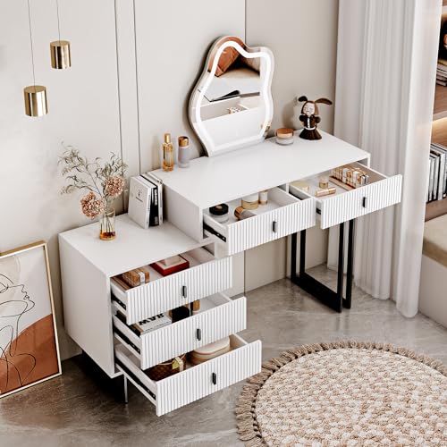 Ieejdn White Vanity Desk with Mirror and Lights,Small Makeup Vanity with 5 Drawers，Modern Makeup Table with Adjustable Cabinet for Bedroom,Makeup Room Ieejdn