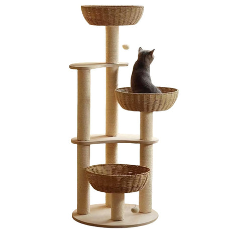 54" Modern Cat Tree for Large Cats, Wood Luxury Multi-Level Oak Solid Wood Cat Trees Cat Towers with 3 Rattan Weaving Cat Nests & Washable Cushions, Sisal Scratching Posts, for Indoor Cats-Lacquered MewJoyee