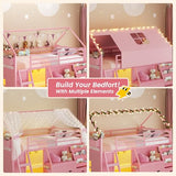 ADORNEVE Low Loft Bed Twin Size with Bookshelf, Reading Nook, LED Kids Loft Bed with 3 Drawers, Under-Bed Play Space, House Loft Beds with Safety Guardrail, Inclined Ladde & Play Curtain, Pink ADORNEVE