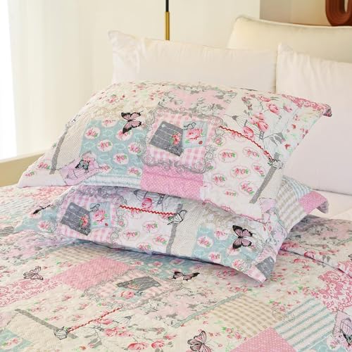 Cmfshape Garden Floral Bedding Set Twin,Reversible Quilted Bedspread,Pink Butterfly Quilt Set,Reversible Stitched Coverlet with 1 Pillow Sham(Twin68 x86 Pink) Cmfshape
