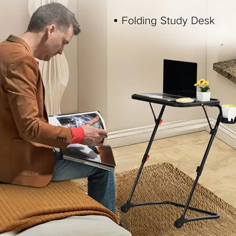 Homy Casa Adjustable Z Shaped Study Desk with Cup Holder, No Assembly Required,Space Saving Portable Laptop Foldable Table for Home Office Living Room & Bedroom, Sturdy Metal Frame with PP Top, Black Homy Casa